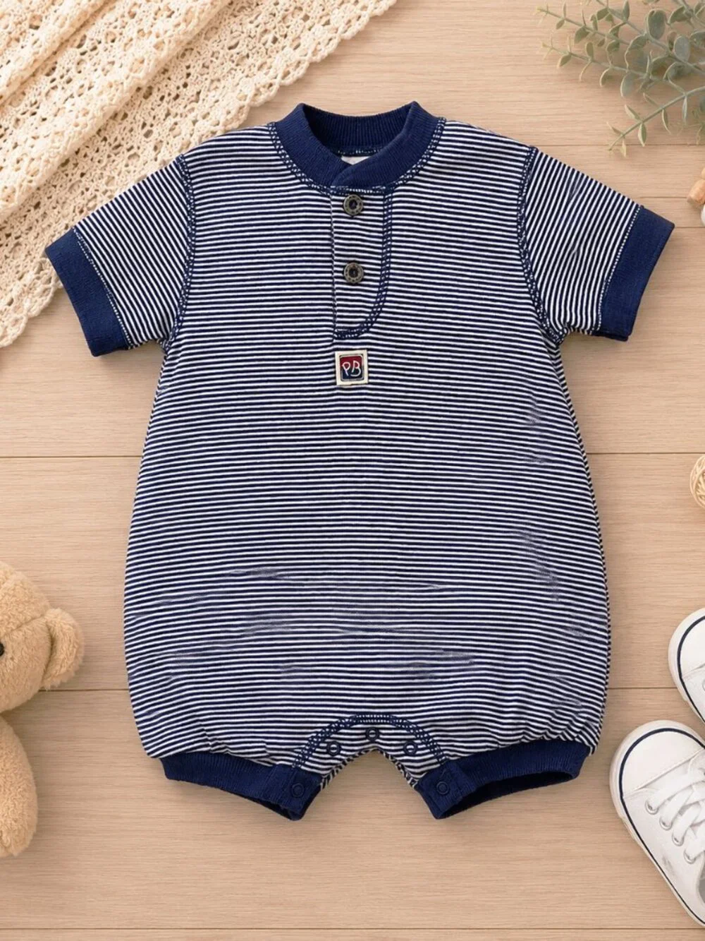 Petit Bateau Romper: Blue Stripe, Shortall, Size 6 Months, Baby Boy Clothes